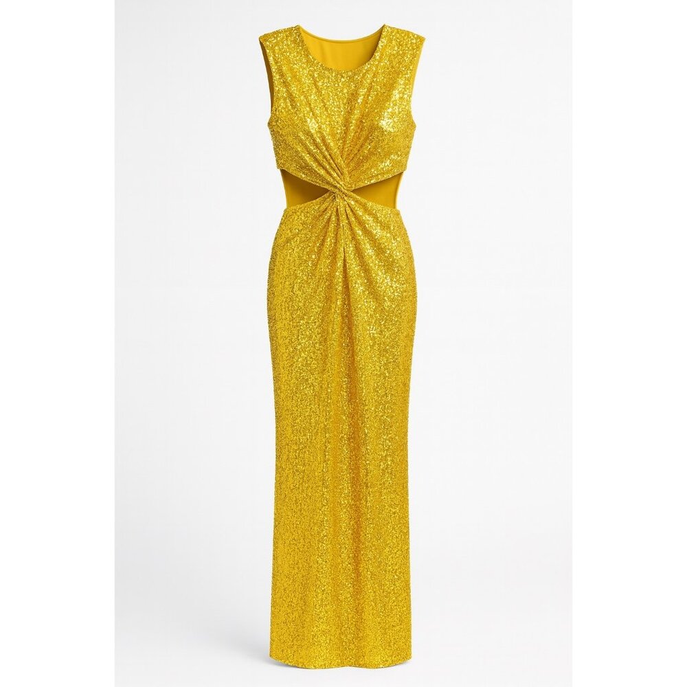 Mac Duggal Marigold Sequin Twist Front Cutout Midi Dress Size 2 New With Tags - Picture 3 of 16